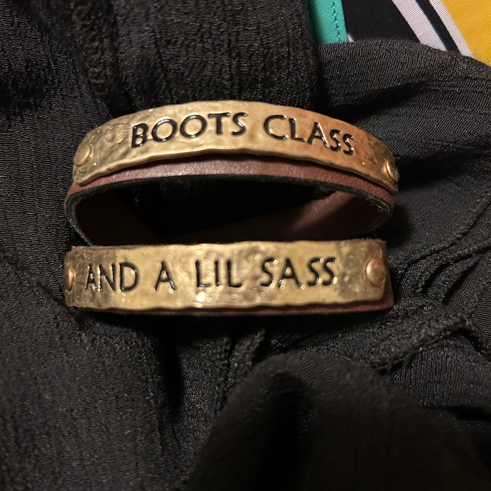 *Faux leather and brass “boots class and a little sass” wrap bracelet.